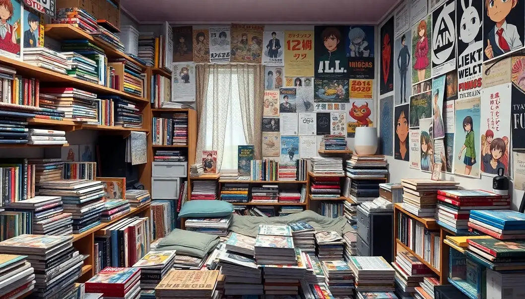 A tranquil otaku living room balancing minimalism and cherished collectibles.