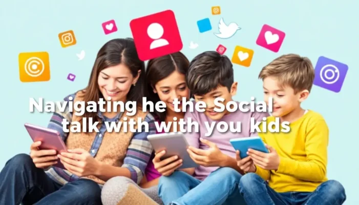 Family engaging with digital devices and social media icons surrounding them.