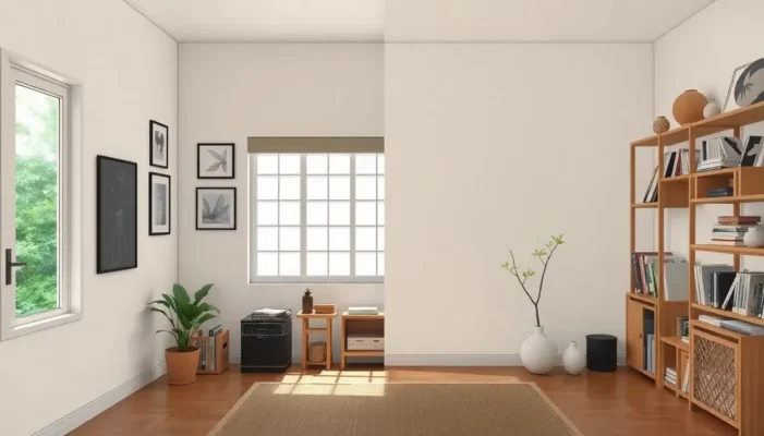 A balanced room with anime memorabilia on one side and open, minimalist space on the other, embodying the mix of fandom and simplicity.