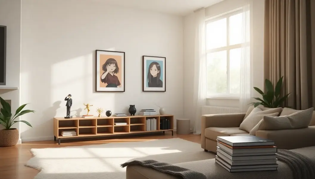 A tranquil otaku living room balancing minimalism and cherished collectibles.