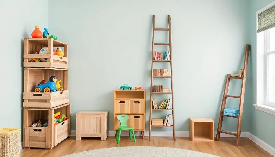 Innovative playroom with repurposed storage solutions.