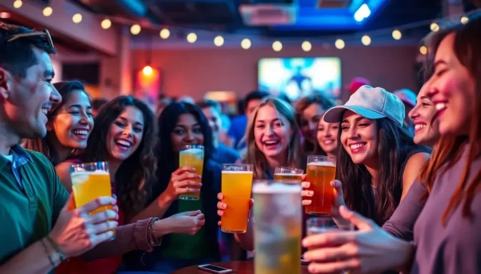 A group of sports fans with non-alcoholic drinks, celebrating and enjoying a game together.