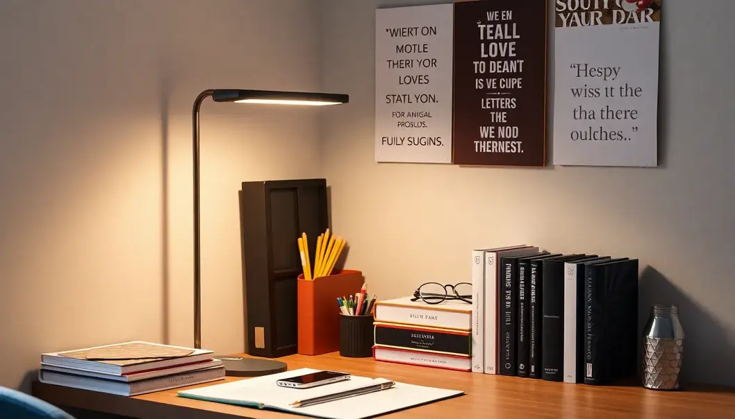 A colorful teen bedroom lit by LED strips and a clip-on lamp.