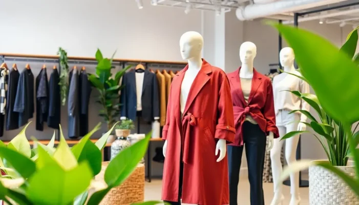 Boutique display of sustainable fashion with plants and eco-friendly decor.