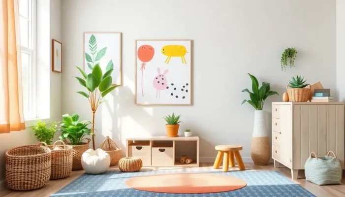 Playroom featuring eco-friendly storage with a mix of natural and repurposed materials.