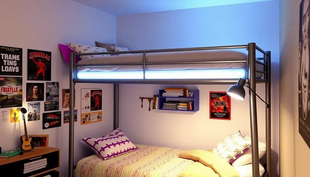 A colorful teen bedroom lit by LED strips and a clip-on lamp.
